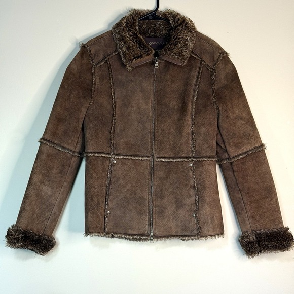 GUESS Women's L Patchwork Brown Leather Coat Faux Fur Classic Fall Jacket - Picture 1 of 12